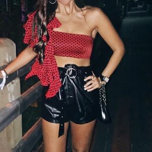 MILLY black polka dot red crop top blouse